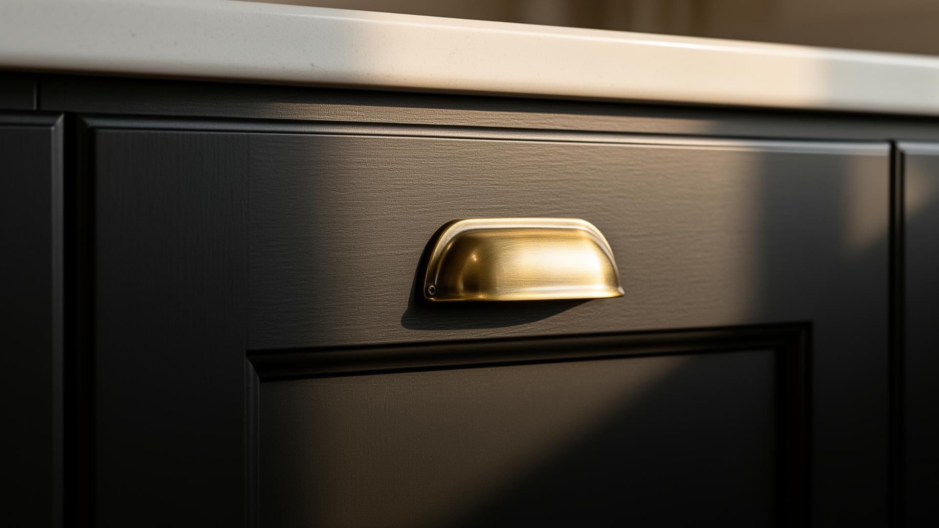 Close-up of a freshly sprayed matte-black cabinet door with brushed-brass cup pull, DFW shop finish