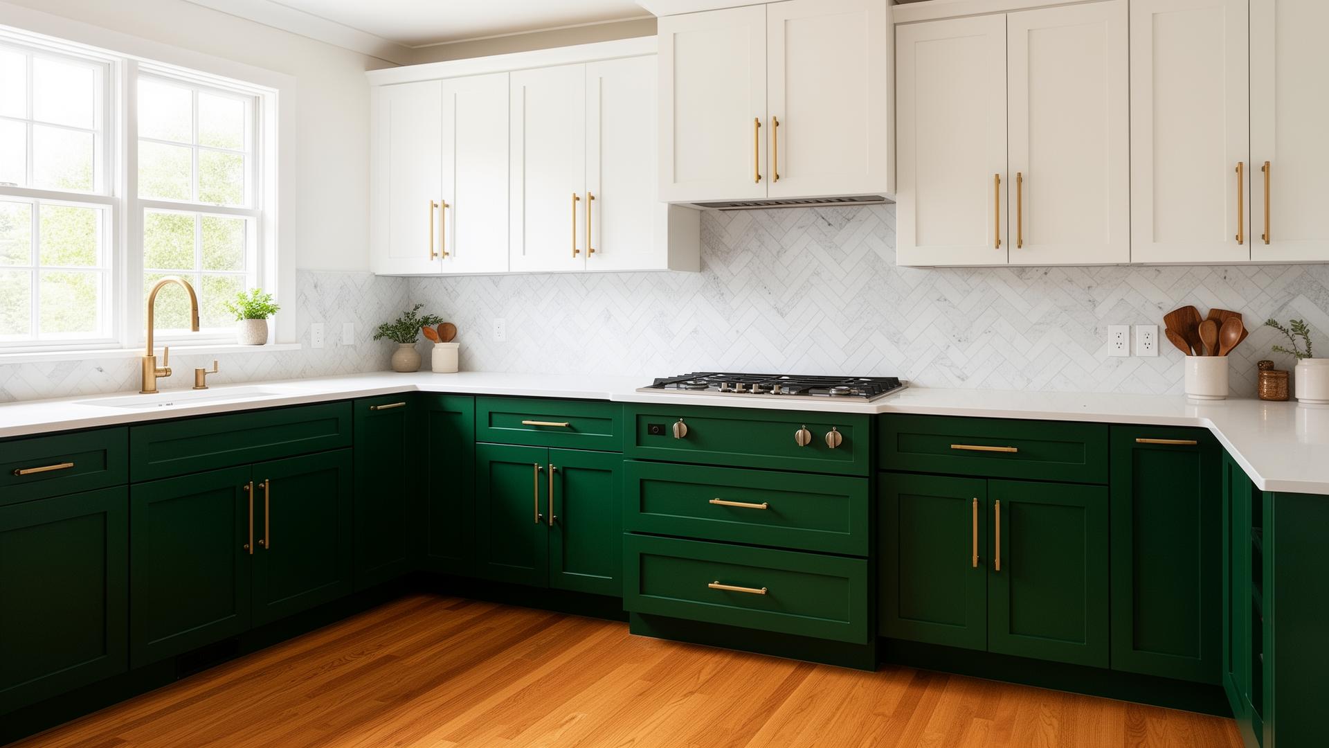 Two-tone forest-green and white shaker kitchen with brass hardware and marble herringbone backsplash, DFW