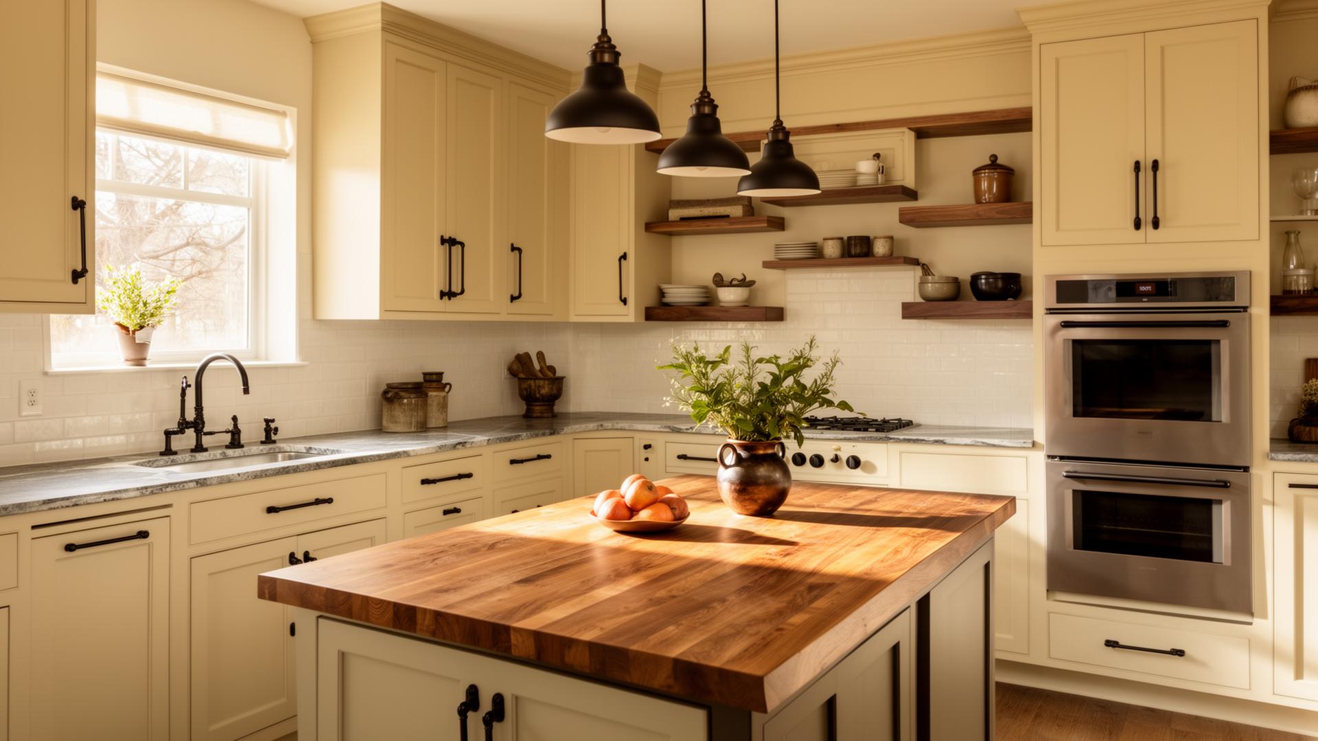 Warm off-white shaker kitchen with walnut butcher-block island and oil-rubbed bronze hardware, DFW