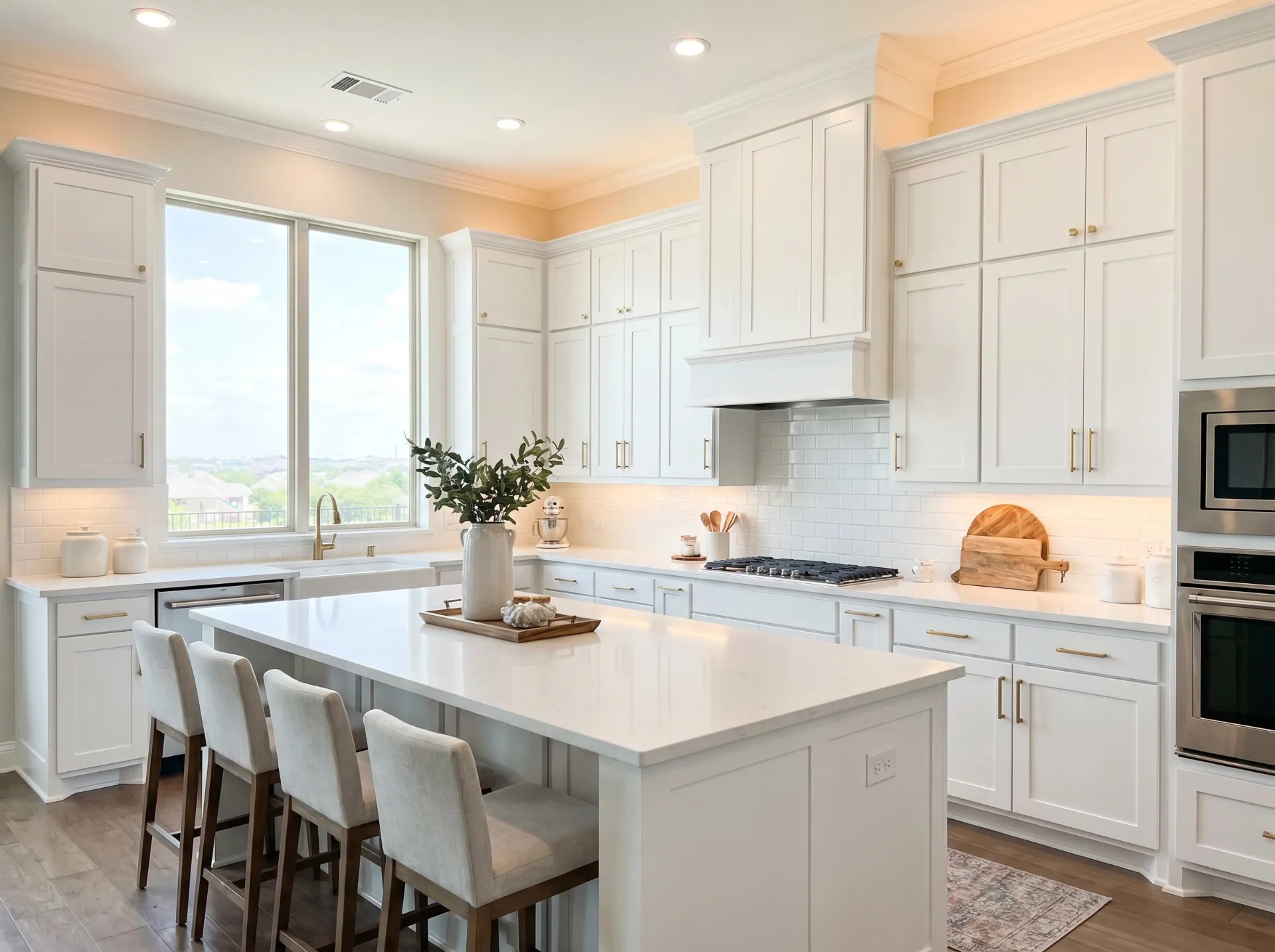 Bright all-white kitchen cabinet repaint with brushed-brass hardware, quartz island and shaker doors, DFW custom home