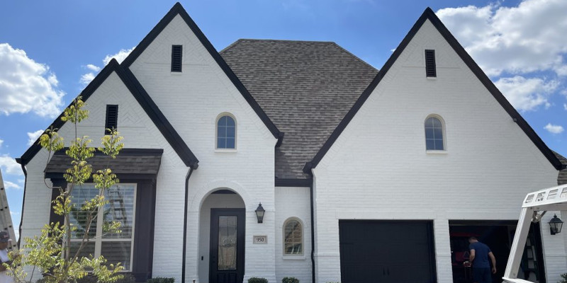 White brick Tudor refresh — Brick, soffits & front door, Plano