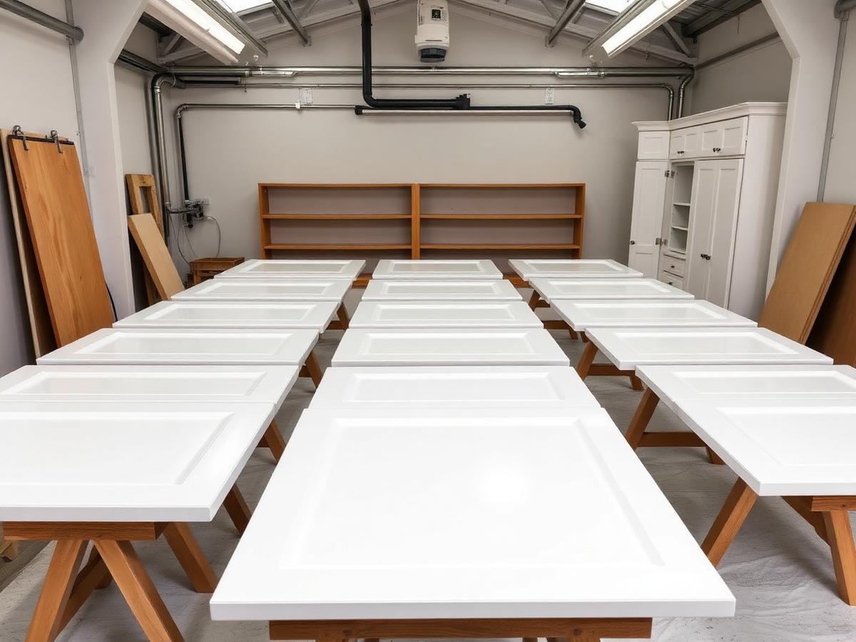 Freshly sprayed white cabinet doors on sawhorses in a finishing booth