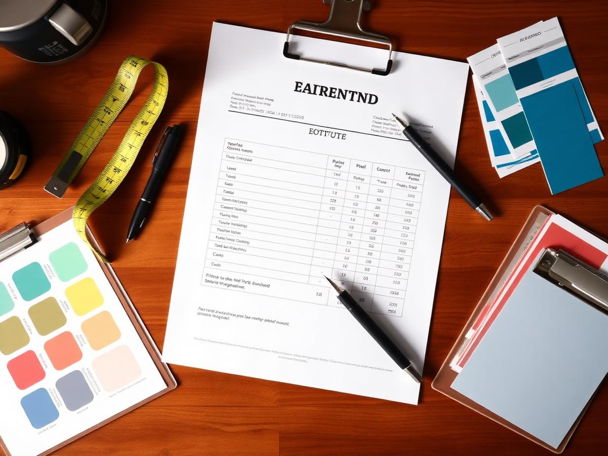 Professional line-item painting estimate on a desk with color swatches